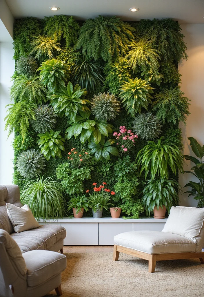 12 Wall Ideas for Living Room for Texture Color and Impact 3. Living Plant Wall