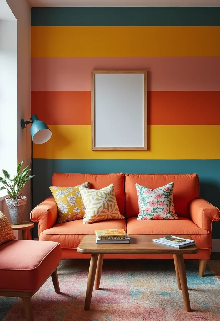 12 Wall Ideas for Living Room for Texture Color and Impact 8. Bold Painted Stripes