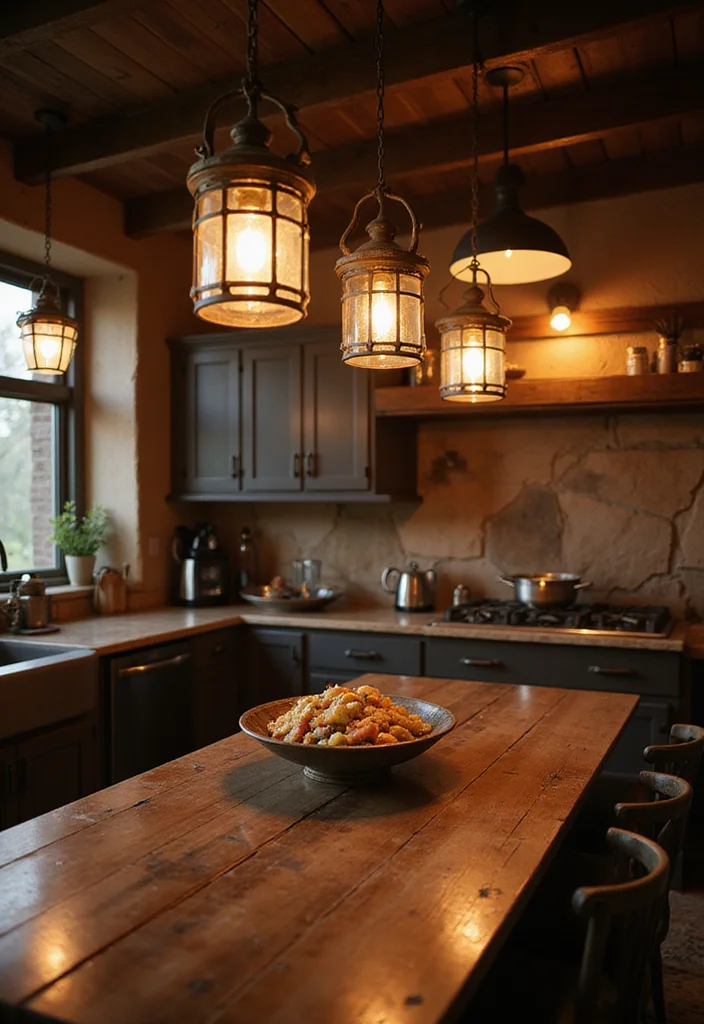 14 Kitchen Ideas Rustic for Warm Natural Comfortable Charm 8. Vintage Light Fixtures