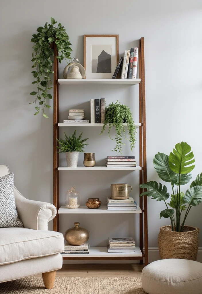 14 Living Room Shelving Ideas for Clean Practical Stylish Storage 23 14 Living Room Shelving Ideas for Clean Practical Stylish Storage 3. Ladder Shelves for a Touch of Whimsy