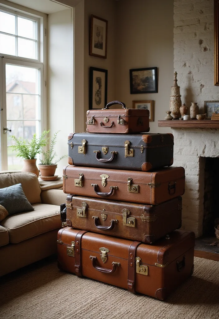 14 Living Room Shelving Ideas for Clean Practical Stylish Storage 45 14 Living Room Shelving Ideas for Clean Practical Stylish Storage 5. Vintage Suitcase Stacking